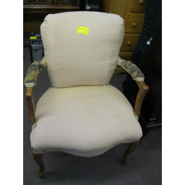 ANTIQUE UPHOLSTERED WOOD FRAME ARMCHAIR