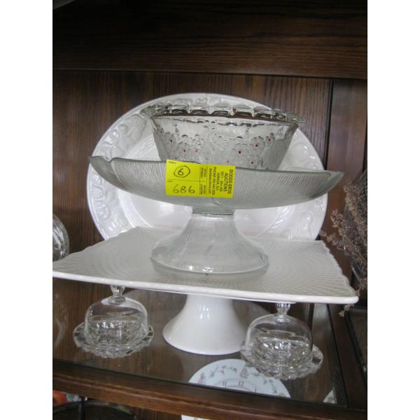 2 PEDESTAL STANDS, GLASS BOWL, PLATTER & 2 SM. LIDDED CONTAINERS