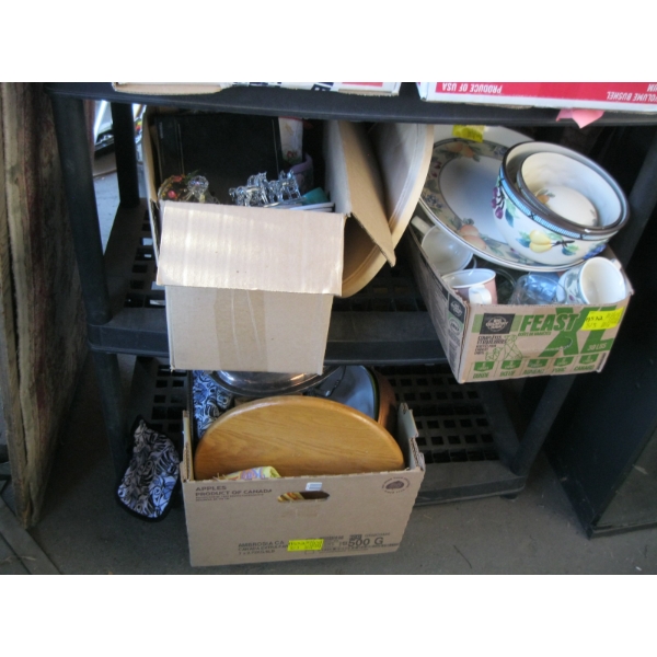 3 BOXES OF MISC. DISHWARE,  LAZY SUSAN, ETC.