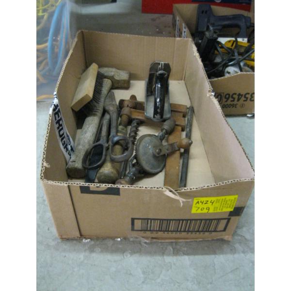 MISC. HAND DRILL, PLANE, CLAMPS, ETC.