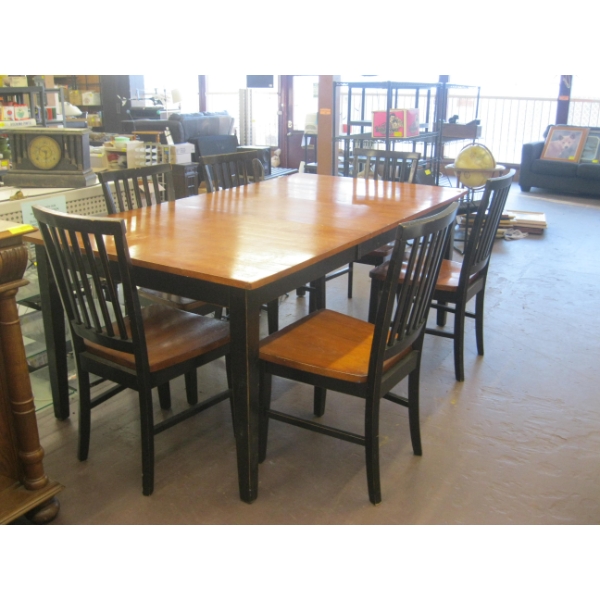 LG. DINING TABLE W/6 WOOD FRAMED CHAIRS & LEAF