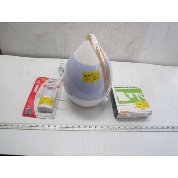 HUMIDIFIER, INDOOR CLOTHESLINE & WIRELESS ALARM