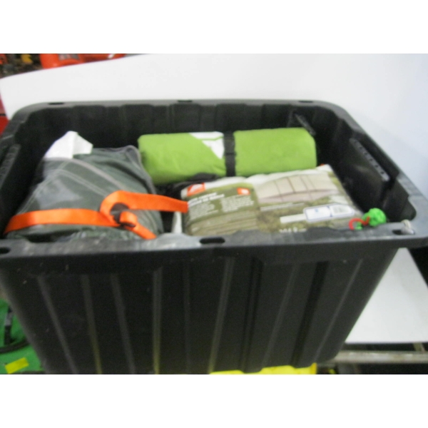BIN OF MISC. HANGING TENTS, MESH CURTAIN, ETC.
