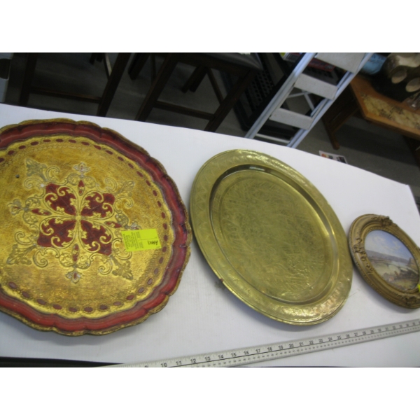 ORIGINAL ROUND FRAME PAINTING & A BRASS PLATE SERVING TRAY
