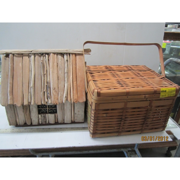 WOODEN SM. HOUSE & A PICNIC BASKET CRATE