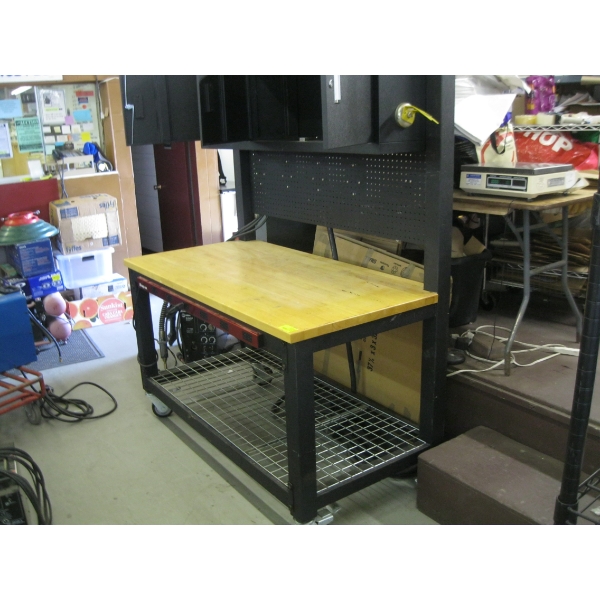 MULTI PLUG WORKBENCH W/UPPER CABINET ON CASTORS - EQUIPPED FOR MULTIPLE WELDERS