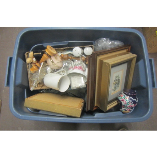 BIN OF MISC. PICTURES, SM. COLLECTABLE GLASSWARE & A CEILING FAN