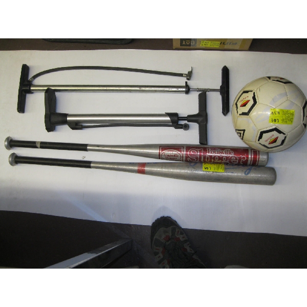MISC. BASEBALL BATS, TIRE PUMPS & A SOCCER BALL