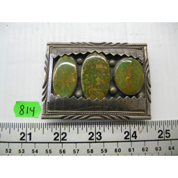 SILVER & OLD PAWN KING MINE TURQUOISE NAVAJO BELT BUCKLE, STAMPED IHMSS