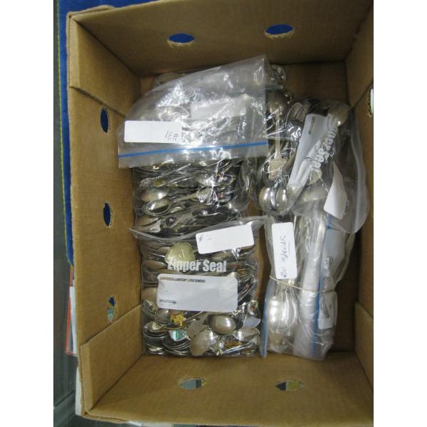 LG. LOT OF ASST. COLLECTOR SPOONS, SILVERPLATE CUTLERY, ETC.