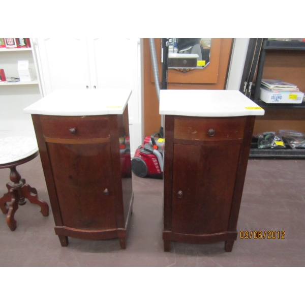 PR OF MARBLE TOP ANTIQUE BEDSIDE TABLES