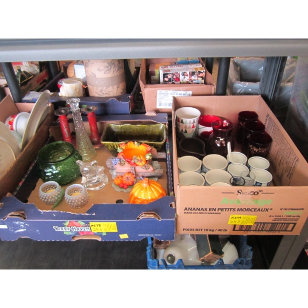 2 BOXES OF MISC. CUPS, GLASSES, CANDLE HOLDERS, ASST. COLLECTABLES