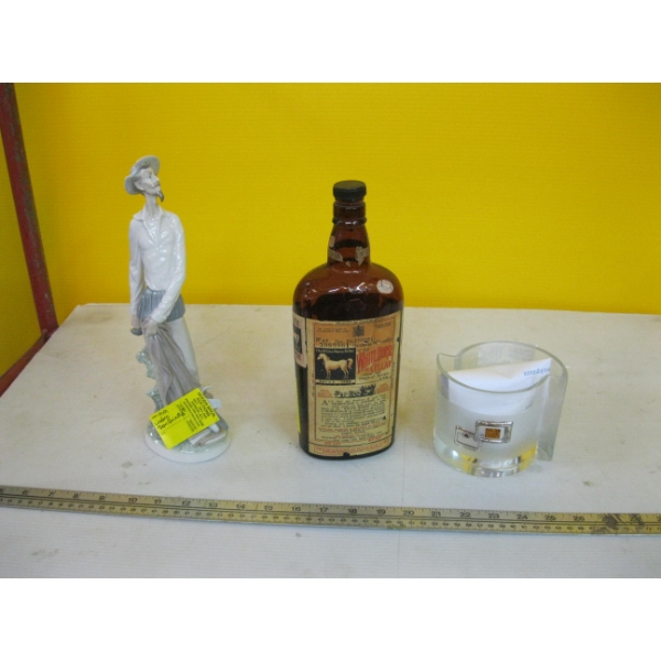 COLLECTOR BOTTLE, LADRO DON QUIXOTE FIGURINE & LUXURY GLASSWARE W/AMBER & SILVER MARKINGS