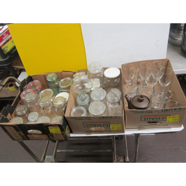 3 BOXES OF MISC. CANNISTERS, GLASS MUGS, ETC.