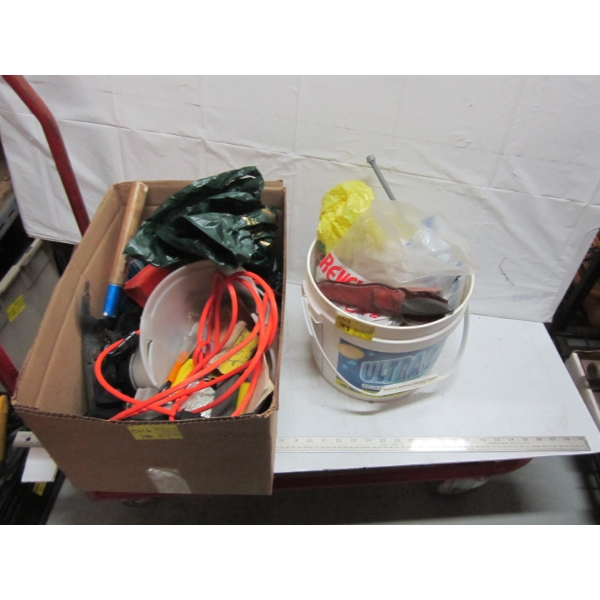 BOX & BUCKET OF MISC. TOOLS, HEDGE TRIMMERS, PLUMBING PIECES, ETC.