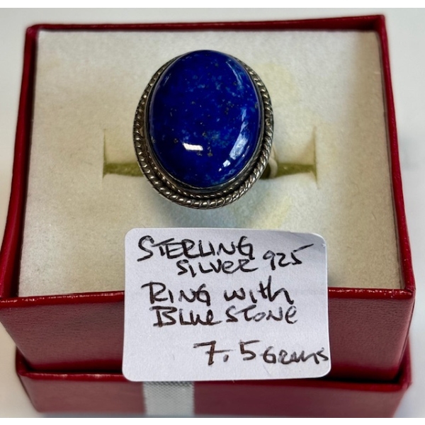 STERLING SILVER .925 RING W/BLUE STONES, 7.5G, SZ 6 1/4