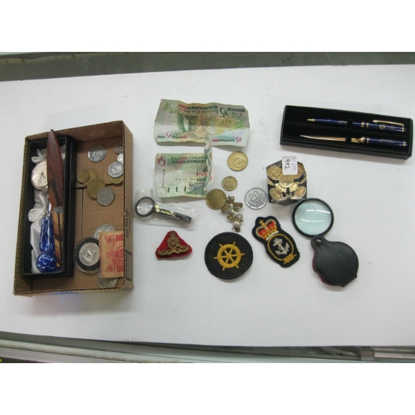 MISC. TOKENS, COINS, BILLS, PEN SET, POCKETWATCH, ETC.
