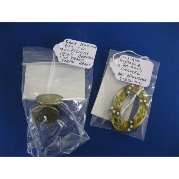 ANTIQUE BROACH, ENAMEL ART NOUVEAUX STERLING & FAUX HUDSON BAY CUFFLINKS
