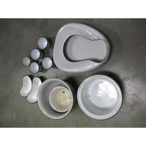 WHITE & BLUE ENAMEL POTS, BEDPAN, ETC.