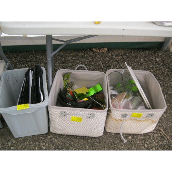 BIN & 2 BASKETS OF MISC. WINE BOTTLE HOLDERS, SM. CUPS, HANGARS, ETC.