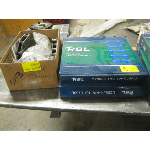 2 BOXES OF 10' ROLLER CHAIN & BOX OF MISC. CHAIN ITEMS