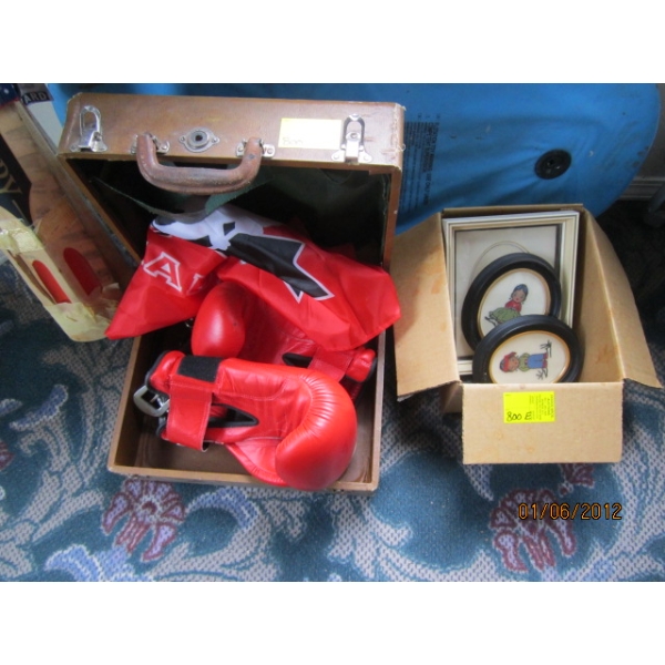 MISC. PICTURES, BOXING GLOVES, BELTS, ETC.