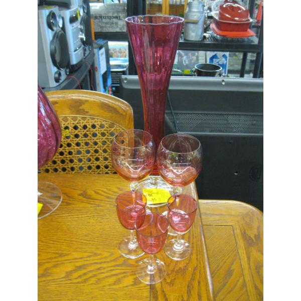 CRANBERRY GLASS VASE & 5 WINEGLASSES