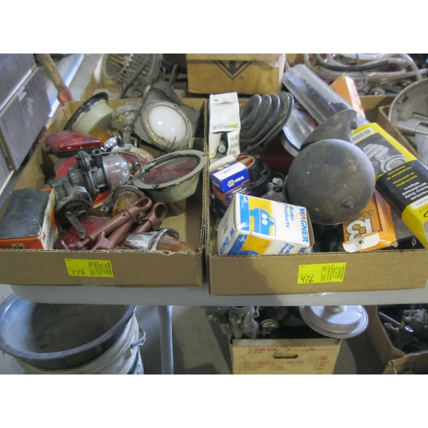 2 BOXES OF VINTAGE LIGHTS, MIRROR, HORN, AUTOMOTIVE PIECES