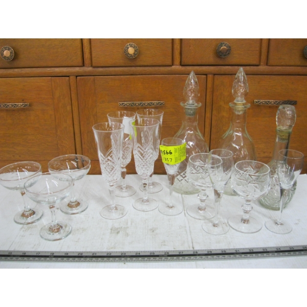 3 DECANTERS & ASST. CRYSTAL GLASSES