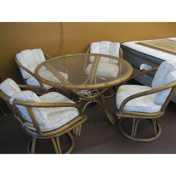 RATTAN TABLE W/4 SWIVEL CHAIRS
