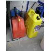 Image 1 : 4 FUEL CANS & A FUNNEL - YELLOW DIESEL CAN IS FULL