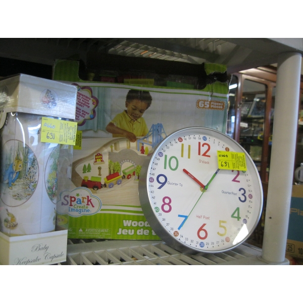 WOODEN TRAIN SET, KIDS CLOCK & A BABY CAPSULE