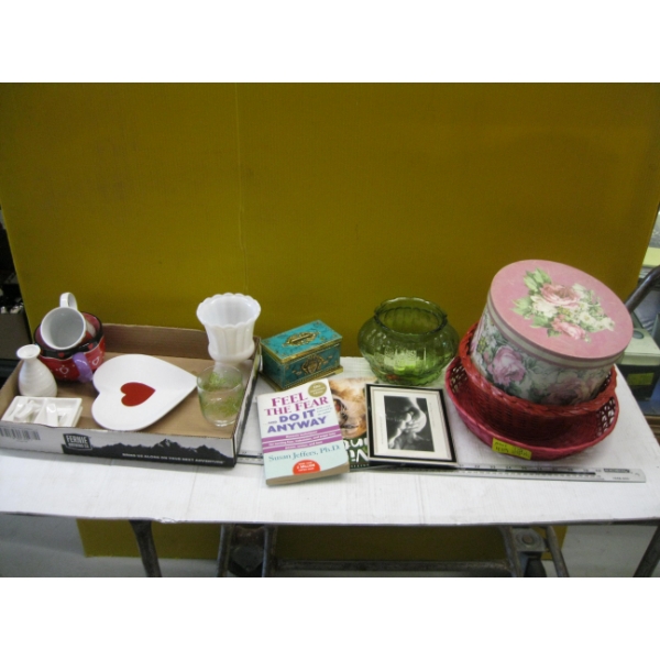 GLASSWARE & STACK OF BASKETS & LIDDED ROUND CONTAINER