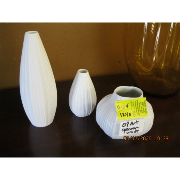 3 MCM OP ART GERMAN WHITE PORCELAIN VASES
