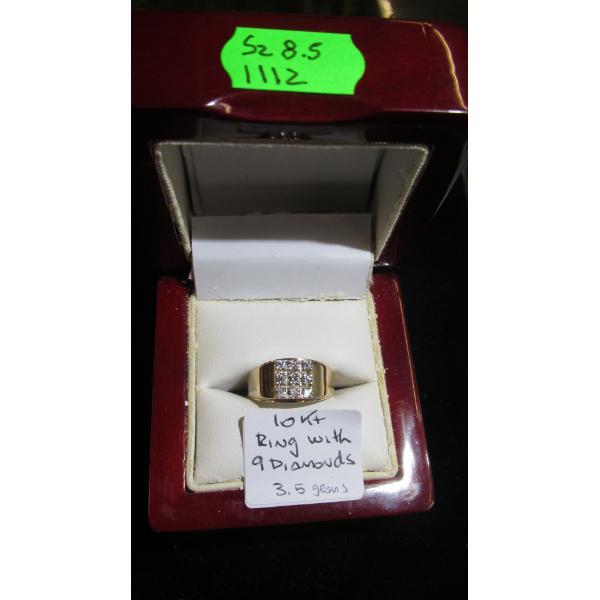 10KT RING W/9 DIAMONDS, 3.5G, SZ 8.5