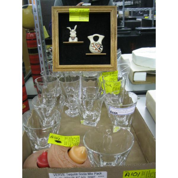 MISC. FRAMED MEXICAN ART, SET OF CRYSTAL GLASSES, TIKI BLUE MICROPHONE, ETC.