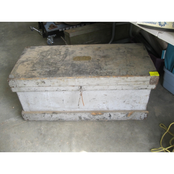 LG. STORAGE BOX W/BRASS PLATE & MISC. WRENCHES, ETC. INSIDE