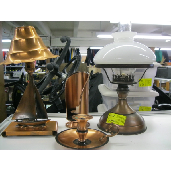 COPPER BASED LAMPS & 2 CANDLEHOLDERS