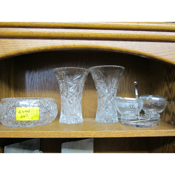 CRYSTAL VASES, BOWL & CREAM & SUGAR SET, ETC.