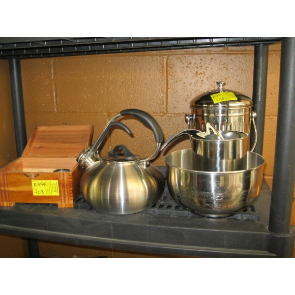 STAINLESS STEEL KETTLE, MIXING BOWL, ICE BUCKET, WOOD BOX, ETC.