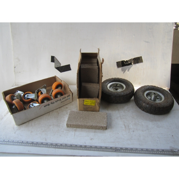 SM. BOX OF CASTORS, DOLLY TIRES, REPLACEMENT FIRE BRICKS