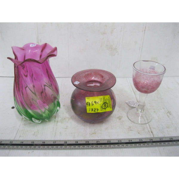 WATERMELON ART GLASS VASE - BROKEN - INCANDESCENT ART GLASS VASE, SIGNED & ART GLASS GOBLET, SIGNED