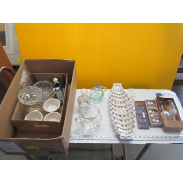 MISC. CRYSTAL, BREAK BASKET, TRAY, DECANTERS, ETC.