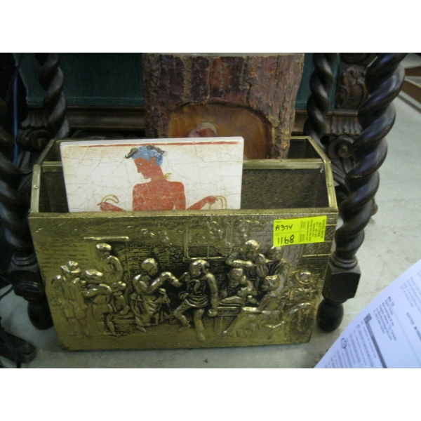 BRASS MAGAZINE STAND W/CARVING & WALL HANGING