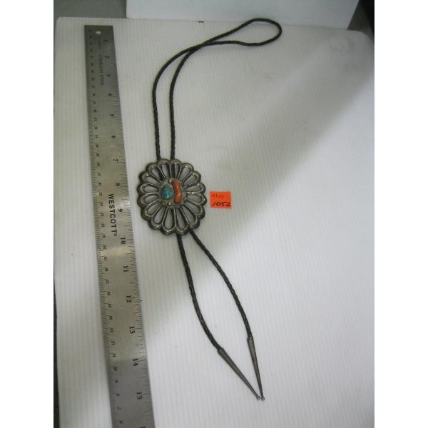NAVAJO SILVER, TURQUOISE & CORAL BOLO TIE