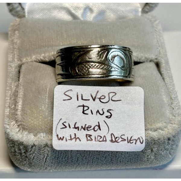 SILVER SIGNED W/RAVEN DESIGN MENS RING, SZ 10 1/4