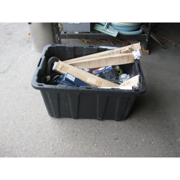 BIN OF MISC. ELECTRIC HEATER, ELECTRONICS, ETC.