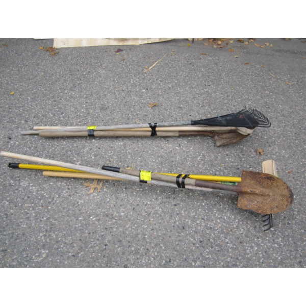 2 BUNDLES OF ASST. SHOVELS, RAKES, BRUSHES, ETC.