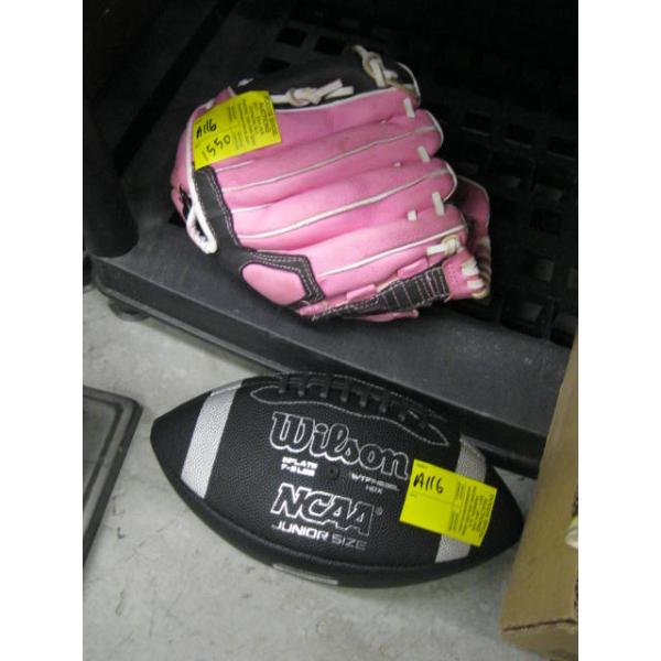 PINK BASEBALL GLOVE & A FOOTBALL