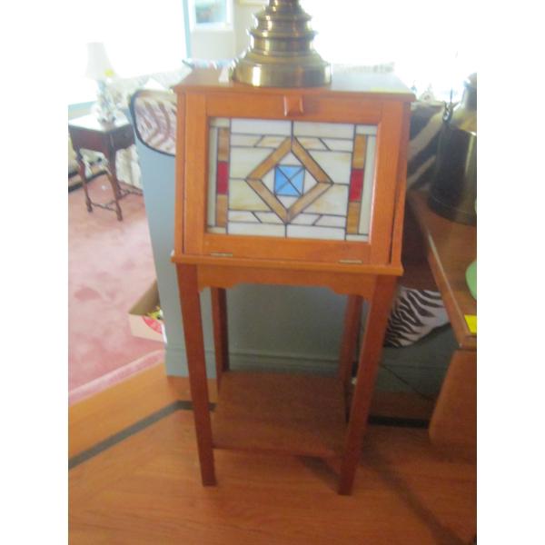 SM. DROP FRONT CABINET W/LEADED LIKE DOOR